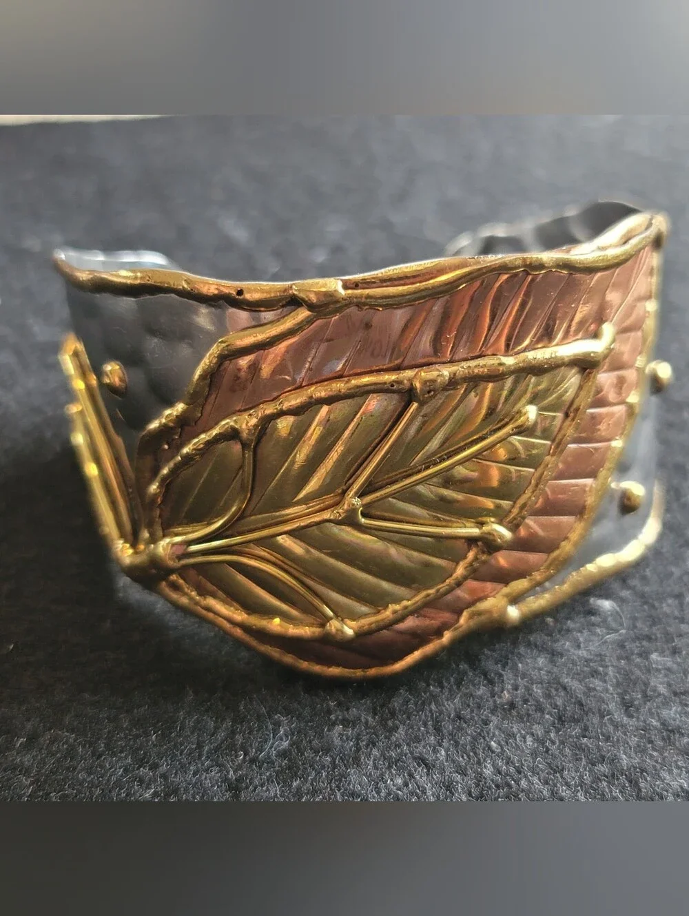 Artisan Leaf Motif Mixed Metal Cuff Bracelet - Gold Silver & Copper Tones - Adj